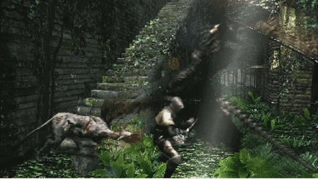a video game screen shows a monster in the woods with a brick wall in the background