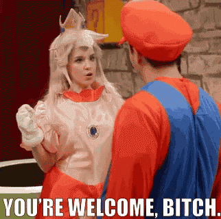 a woman in a princess peach costume is talking to a man in a mario costume ..