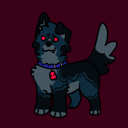 a drawing of a dog with a skull pendant