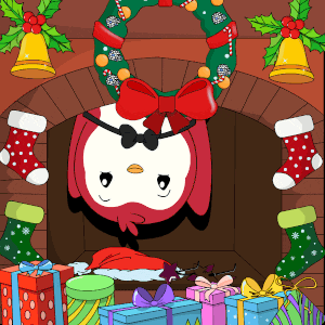 a penguin is hanging upside down in a fireplace with presents