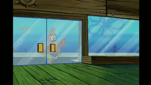 a cartoon of patrick looking out a window with a yellow square on it