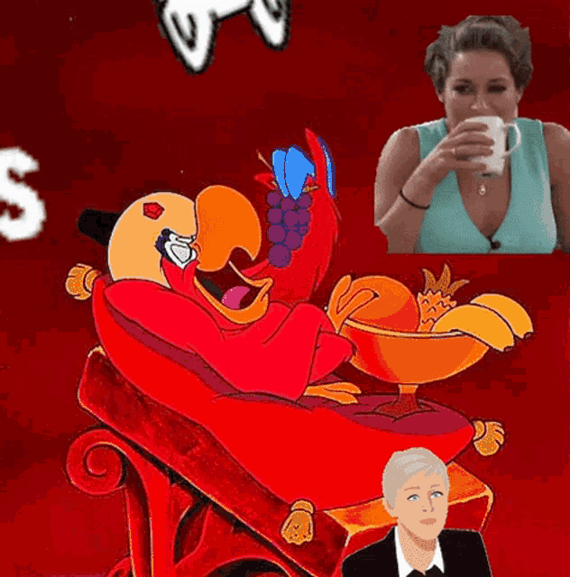a woman drinking coffee next to a cartoon of a parrot