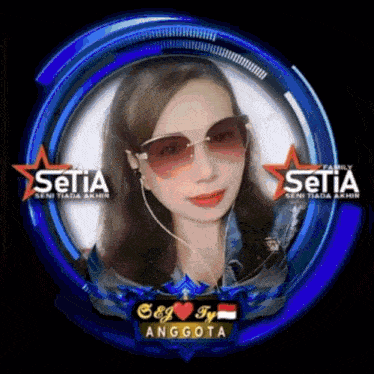 a woman wearing sunglasses and ear buds is in a blue circle with the words setia seni tiada akhir on it