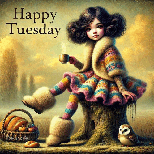 a painting of a girl sitting on a tree stump holding a cup of coffee and the words happy tuesday