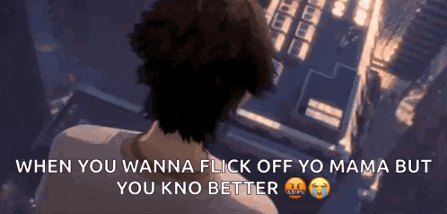 a man in a video game says when you wanna flick off yo mama but you kno better ..