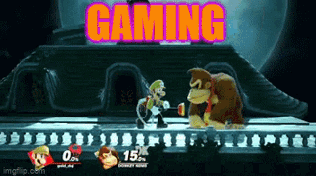 a video game screen shows donkey kong and luigi fighting each other