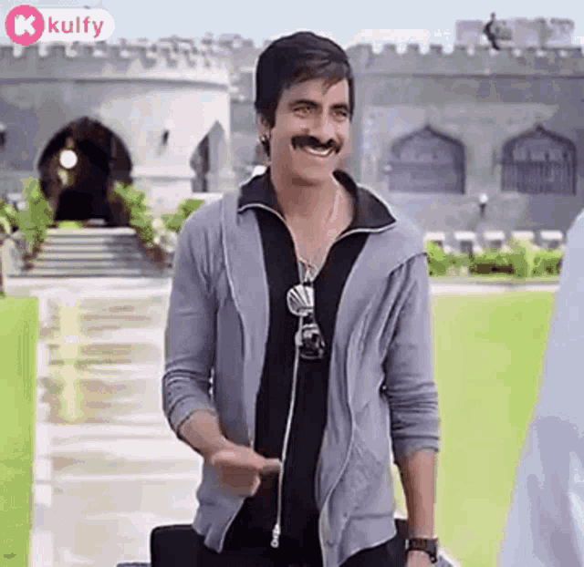 a man with a mustache and a gray jacket is standing in front of a castle and smiling .
