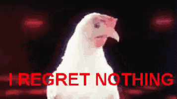 a white chicken stands in front of a sign that says i regret nothing
