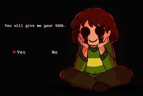 a drawing of a girl with blood coming out of her eyes and the words " you will give me your soul "