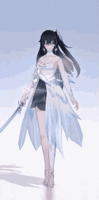 a girl with long black hair and a white dress is holding a sword