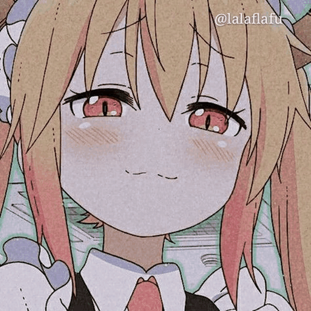 a close up of a girl 's face with red eyes and a maid outfit .