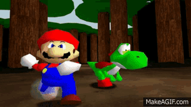 a video game character named mario and yoshi are running in a forest
