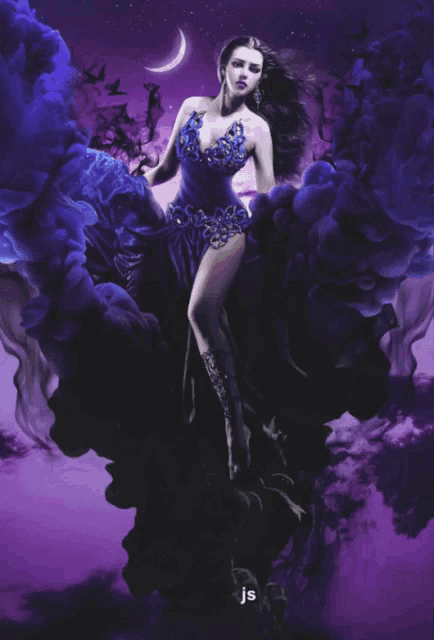 a woman in a blue dress is surrounded by purple clouds and the word js is on the bottom right