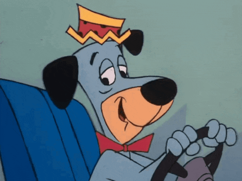 a cartoon dog wearing a red bow tie and a crown is driving a car