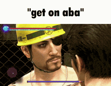 a man wearing a hard hat and an eye patch is talking to another man