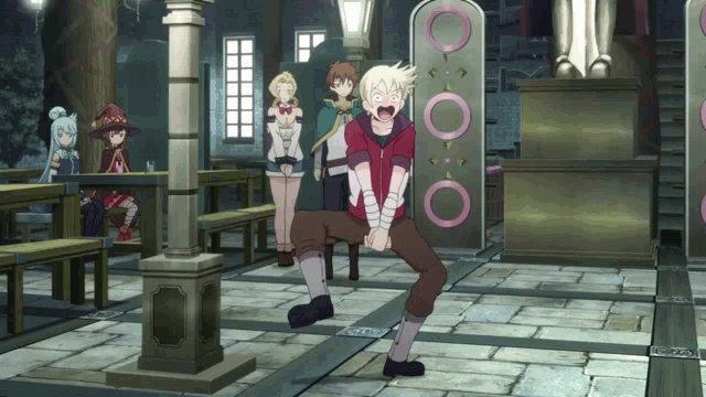 a group of anime characters are standing in a room and one of them has his mouth open