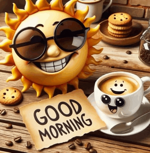 a sun wearing sunglasses sits next to a cup of coffee