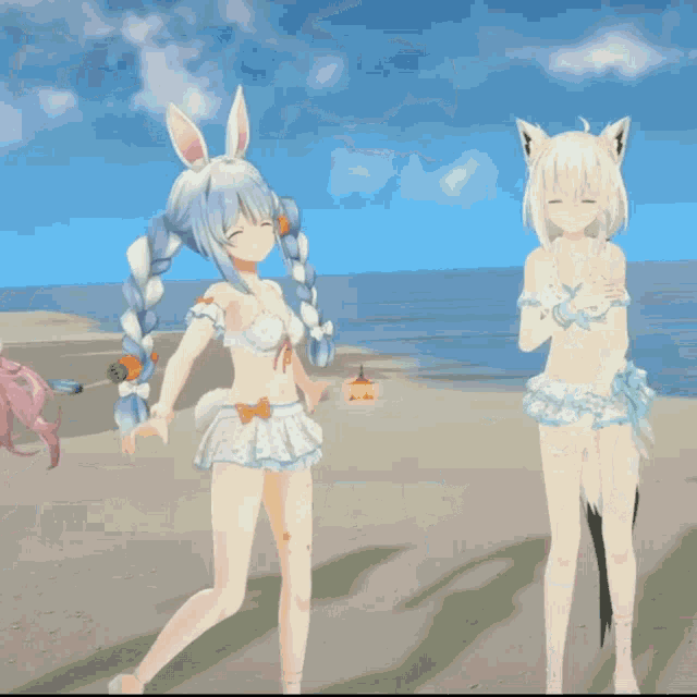two anime girls are standing on a beach and one has blue hair