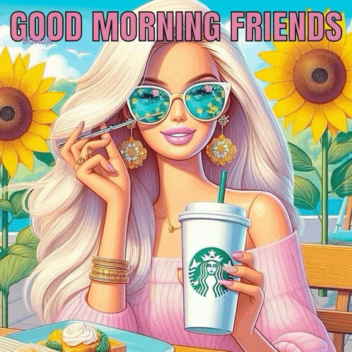 a cartoon of a woman holding a starbucks cup with the words good morning friends below her