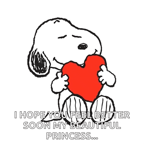 a cartoon of snoopy holding a red heart with the words " i hope you feel better soon my beautiful princess " below it