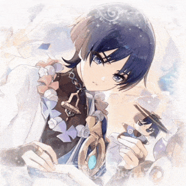 a drawing of a boy with blue hair and a necklace that says ' x ' on it