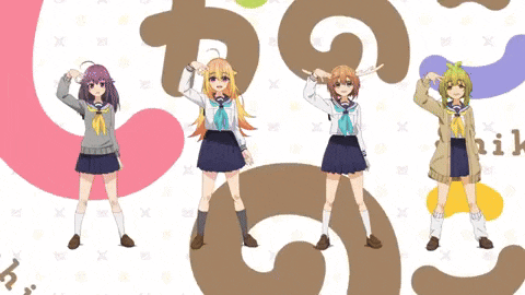a group of anime girls are standing next to each other in front of a colorful background that says ' nik ' on it