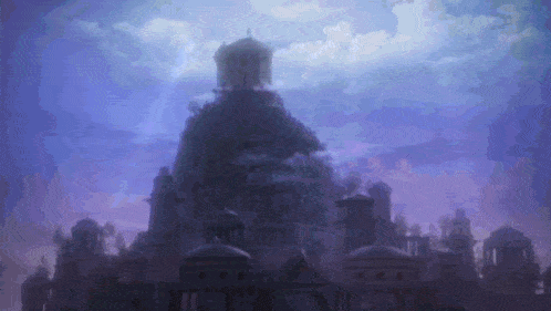 a purple and blue background with a castle in the foreground