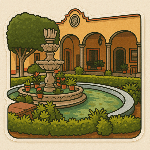 a cartoon drawing of a fountain in a garden