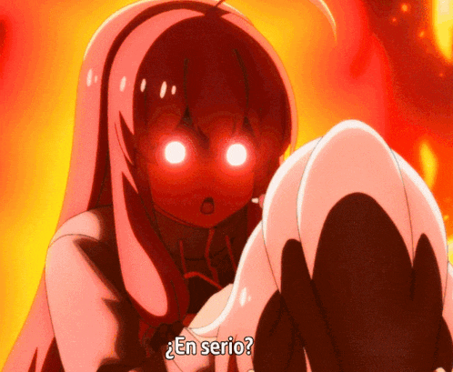 a girl with red hair says " en serio " in front of a fire background