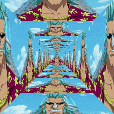 franky from one piece appears in a kaleidoscope of images