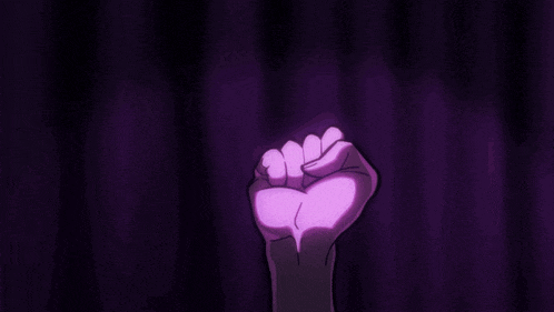 a hand is making a peace sign with a purple background