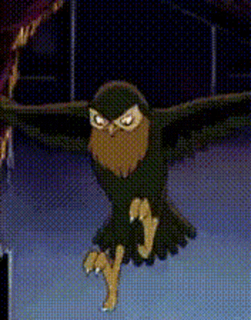 a cartoon owl is flying in the air with its wings spread