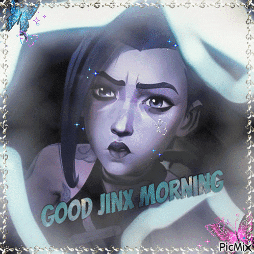 a picture of a girl with the words good jinx morning written on it