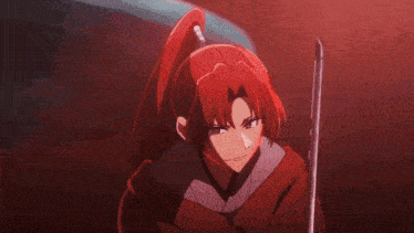 a man with red hair is holding a sword with purple light coming out of it