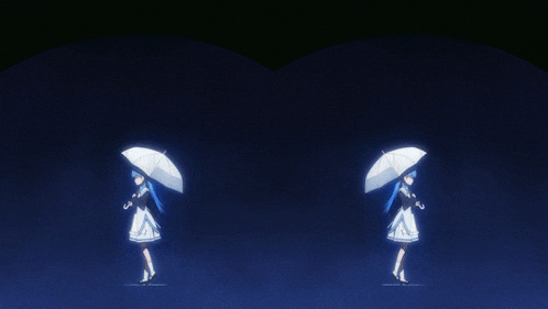 a girl with blue hair holding an umbrella in the dark