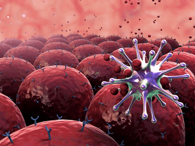a computer generated image of a virus surrounded by other cells