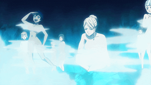 a group of naked anime characters standing in a pool of water