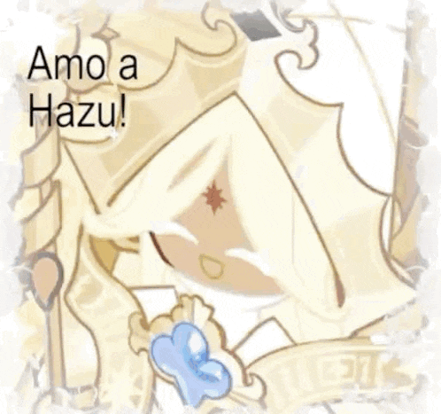 a cookie run character is crying and holding a cookie with the words `` amo a hazu '' written on it .