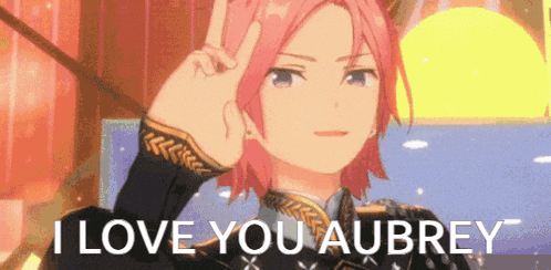 a girl with pink hair is giving a peace sign and the words `` i love you aubrey '' .