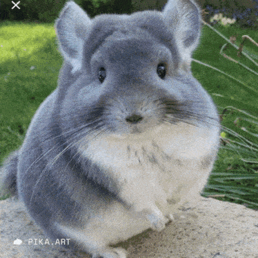 a gray and white chinchilla is sitting on a rock with pika art written on the bottom right