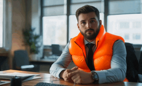 a man wearing an orange vest sits at a desk with his hands folded