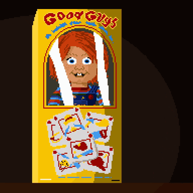 a pixel art of chucky from goody guys holding a pile of playing cards
