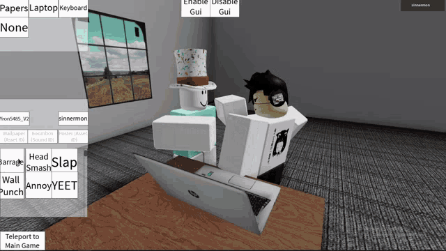 a screenshot of a video game with papers laptop keyboard written at the top