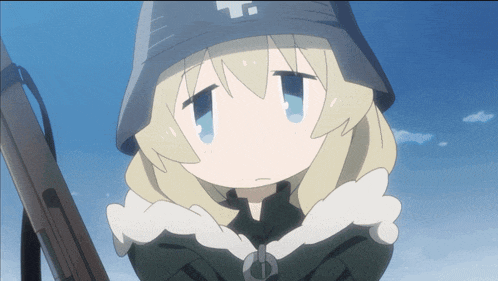 a girl with a swiss cross on her hat is holding a rifle