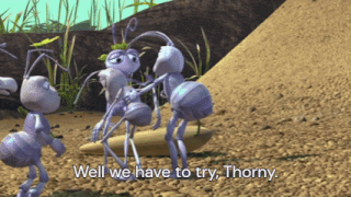 a group of ants are standing in the dirt and one of them says " well we have to try thorny "