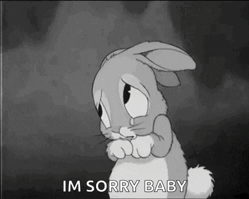 a black and white cartoon of a sad bunny rabbit saying `` im sorry baby '' .