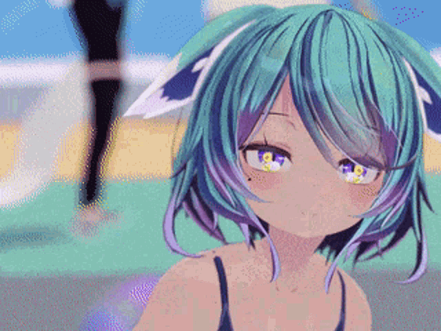 a girl with blue hair and purple ears is wearing a black bikini top
