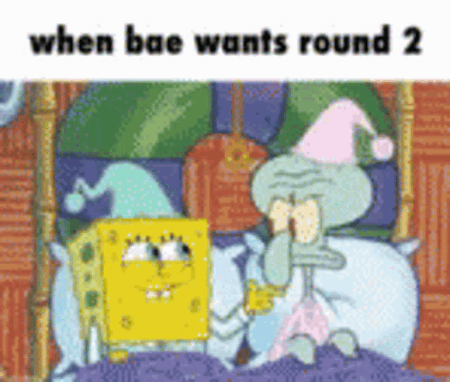 a cartoon of spongebob and squidward laying in bed