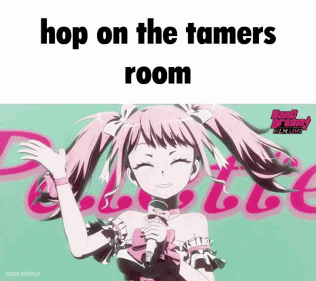 a cartoon girl singing into a microphone with the words hop on the tamers room above her
