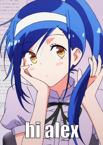 a picture of a girl with blue hair and the words hi alex on it